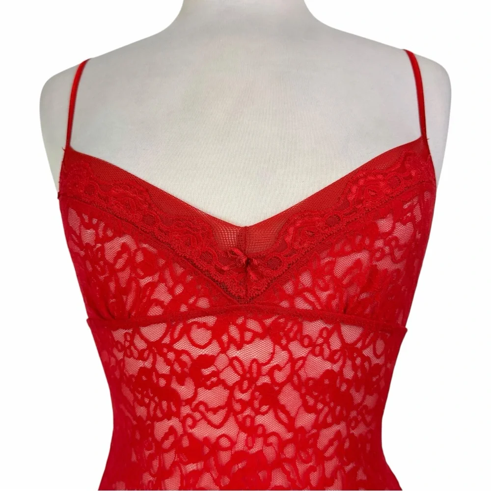 Victorias Secret Vintage Y2K Red Sheer Floral Lace Bodycon Mini Slip Dress Small